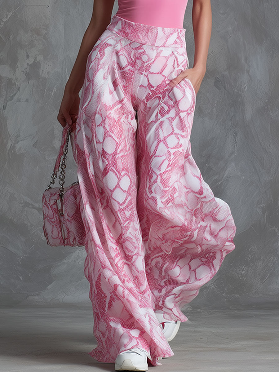 Retro Casual Pink Hooded Short-sleeved T-shirt And Snakeskin Chiffon Wide-leg Pants Set