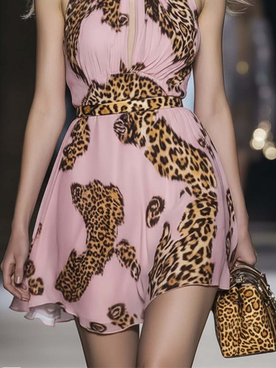 Retro Flowy Vacation Halter Neck Leopard Print Pink Chiffon Mini Dress