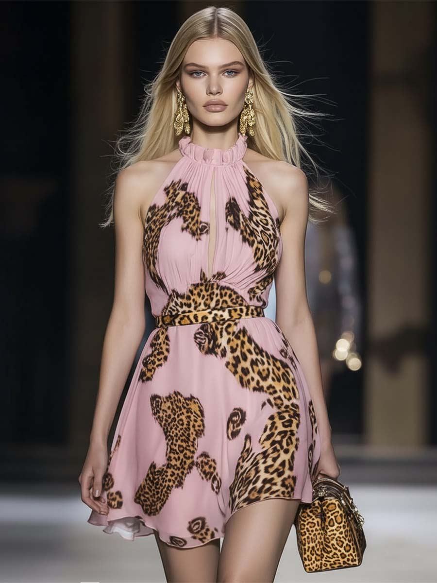 Retro Flowy Vacation Halter Neck Leopard Print Pink Chiffon Mini Dress
