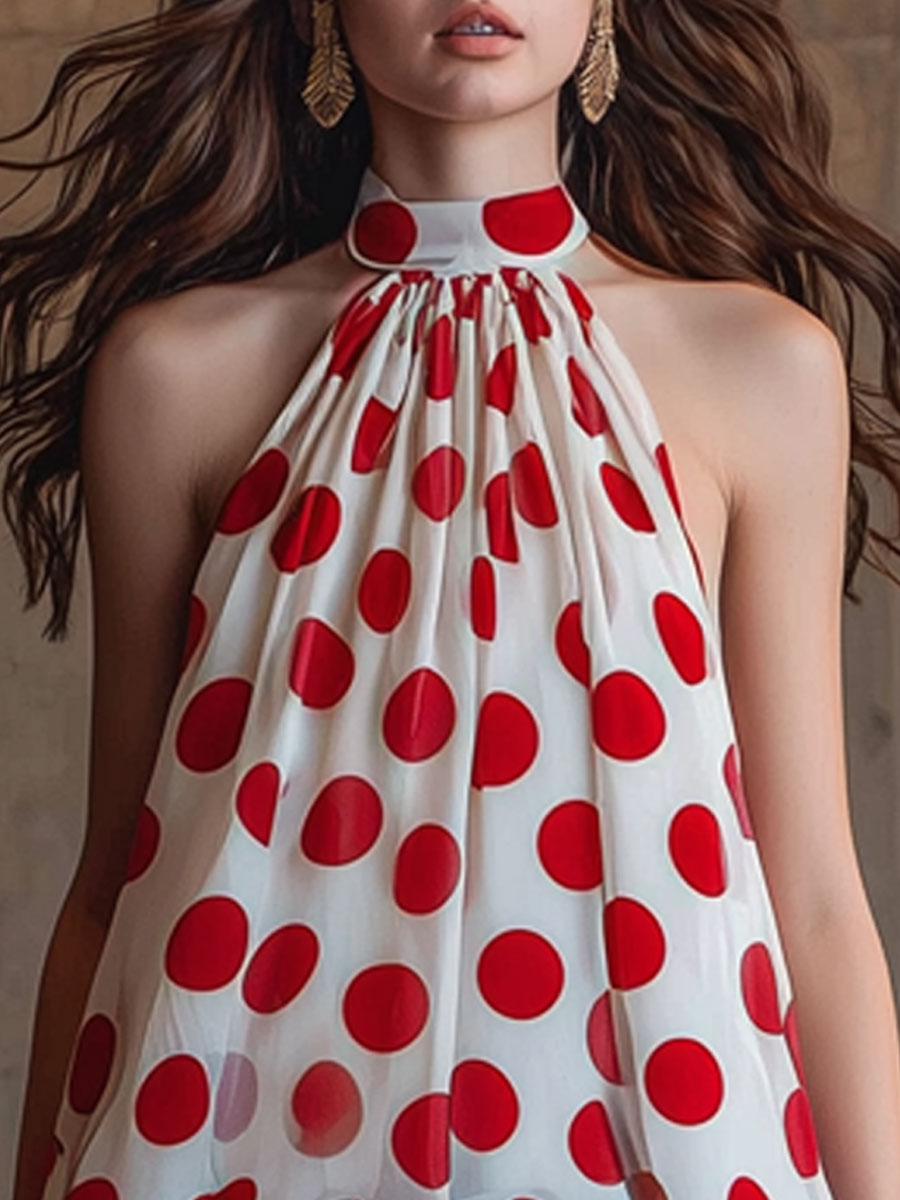 Fashionable Retro Red Polka Dot White Chiffon Sleeveless Halter Neck Tulip Shirt