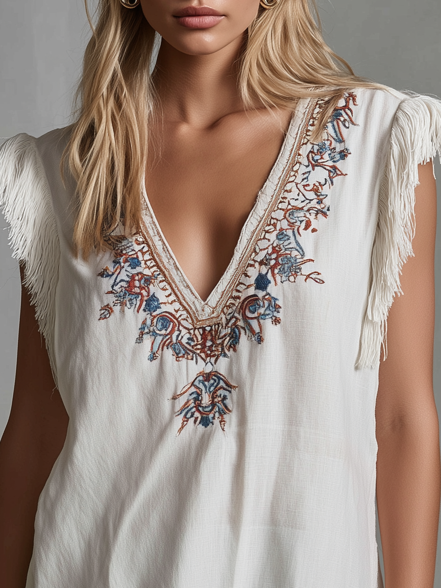 Fashionable Ethnic Style V-neck Embroidered Sleeveless Frayed Edge Top
