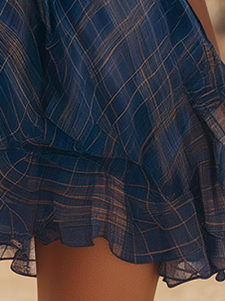 Western Retro Plaid Blue V-neck Ruffled Short-sleeved Chiffon Mini Dress