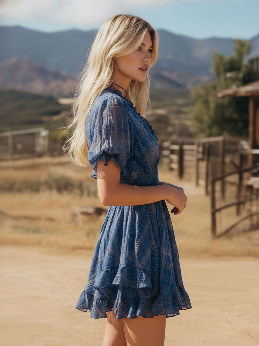 Western Retro Plaid Blue V-neck Ruffled Short-sleeved Chiffon Mini Dress