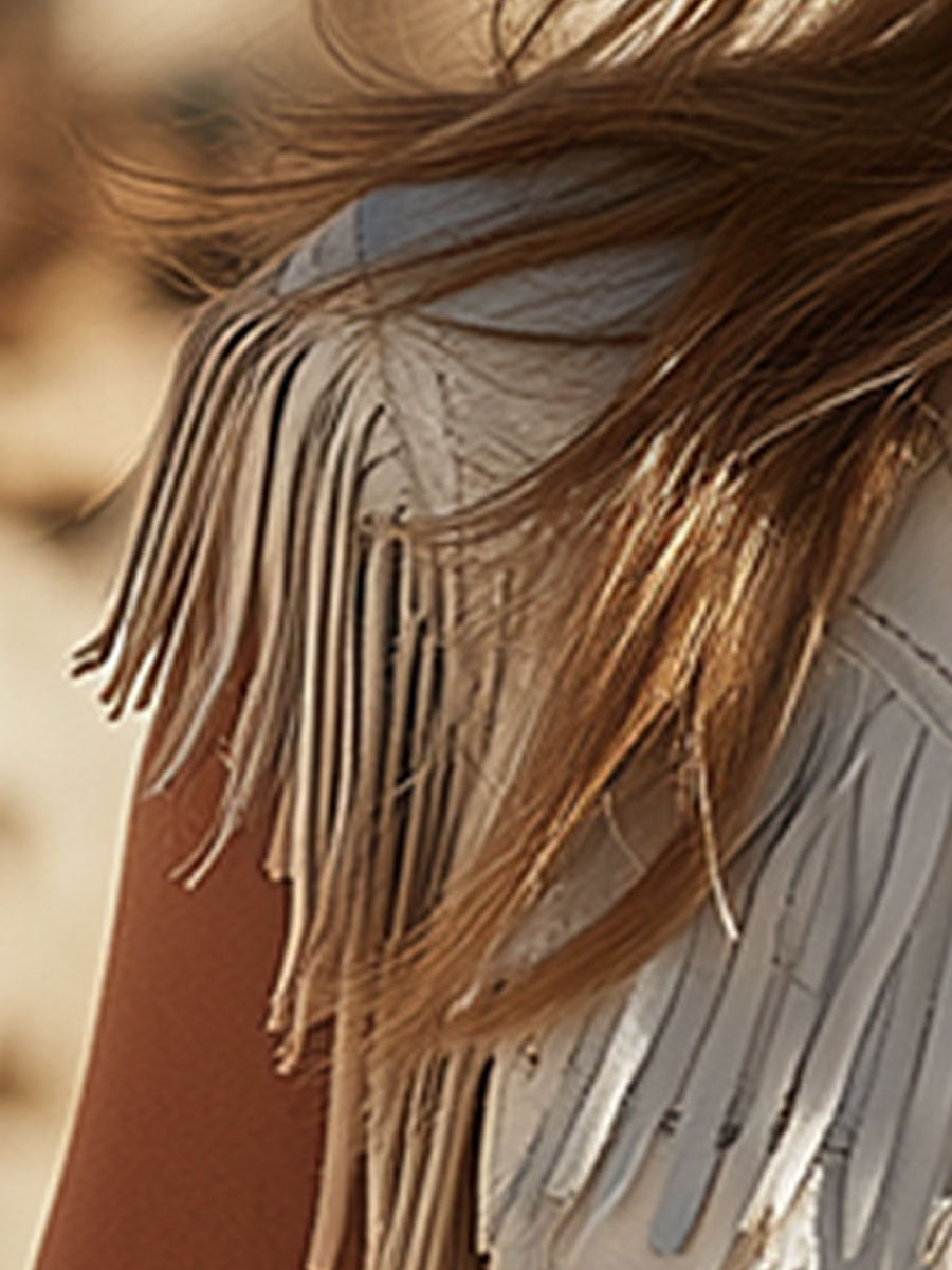 Western Retro Style Fringed White Collar Button Sleeveless Faux Suede Shirt