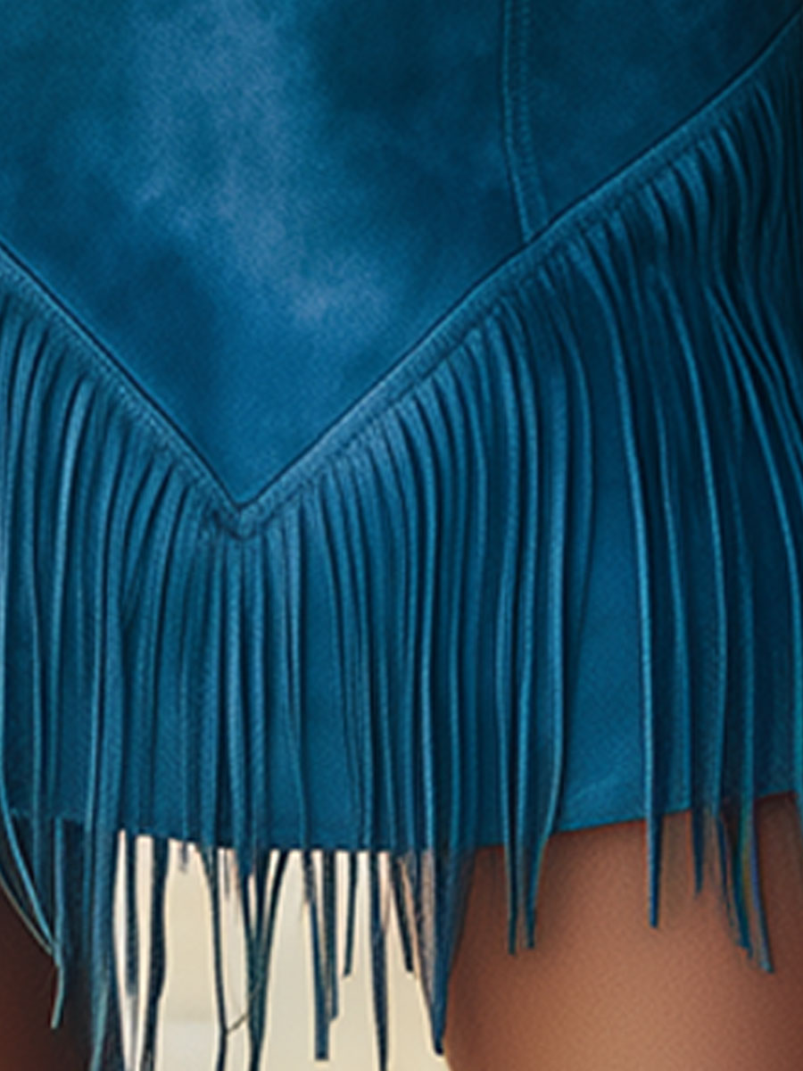 Western Retro Tassel Blue Sleeveless Button Faux Suede Mini Dress