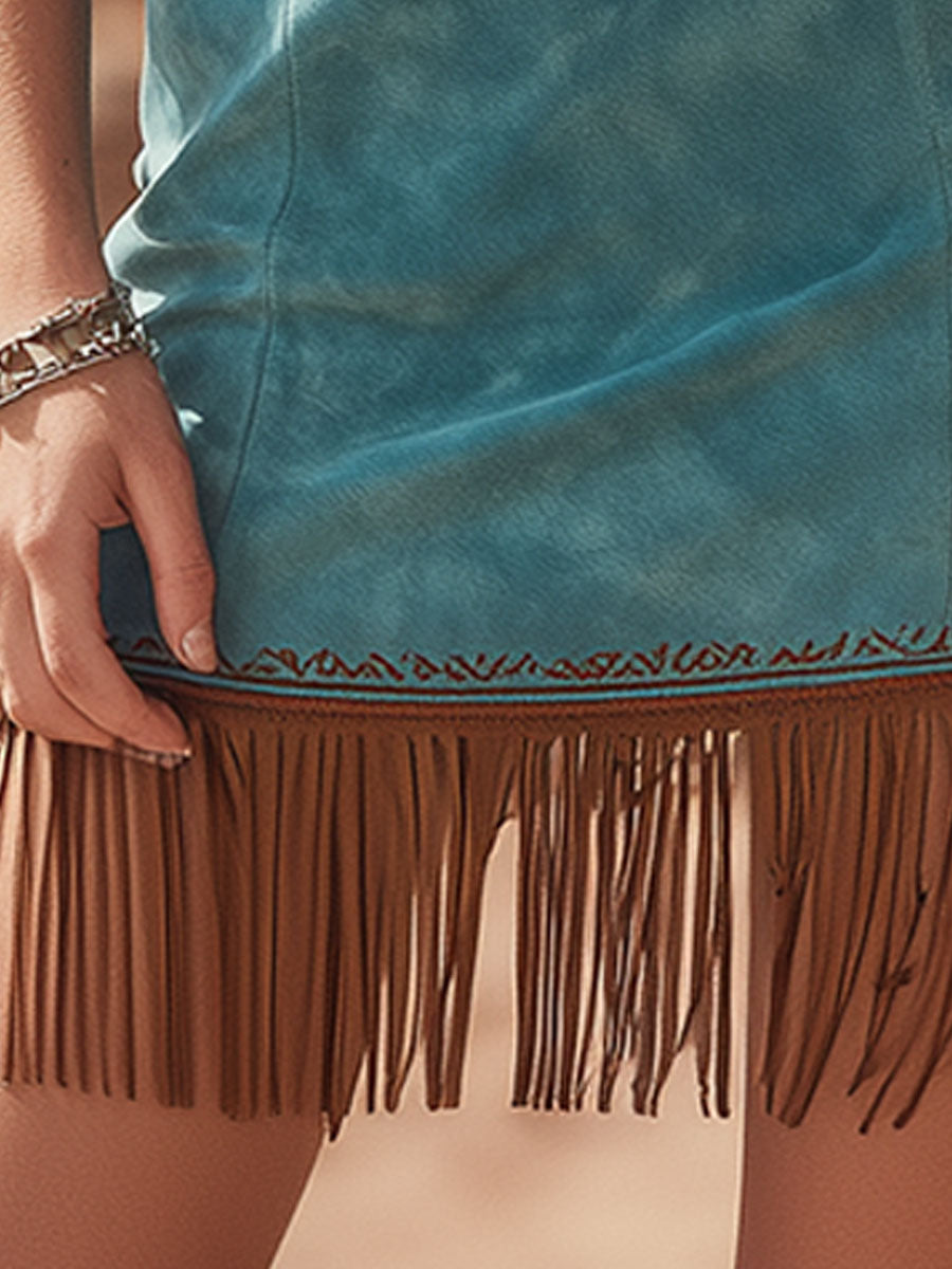 Western-style Embroidered Tassel Blue Stand-up Collar Faux Suede Mini Dress