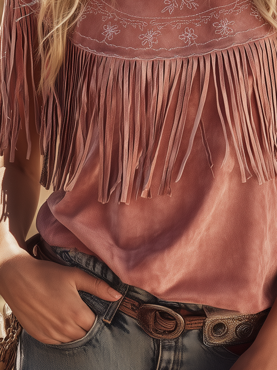 Western-Style Retro Crew Neck Embroidery Fringe Faux Suede T-Shirt