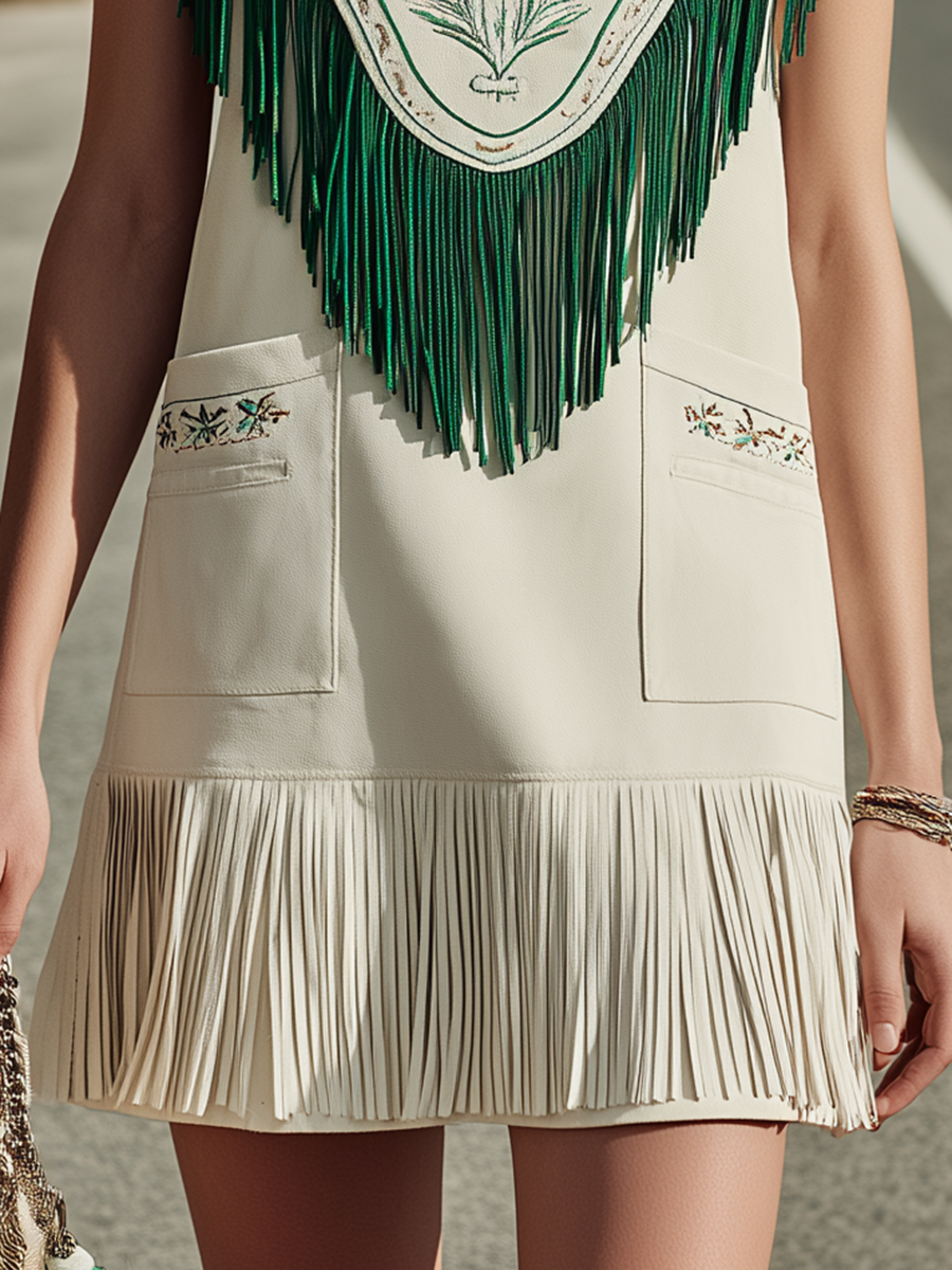 Bohemian Style V-neck Sleeveless Embroidered Tassel Mini Dress