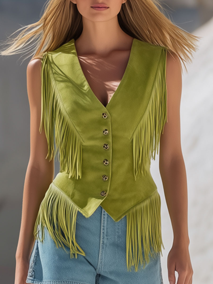 Western Bohemian Tassel Light Green Faux Suede Vest