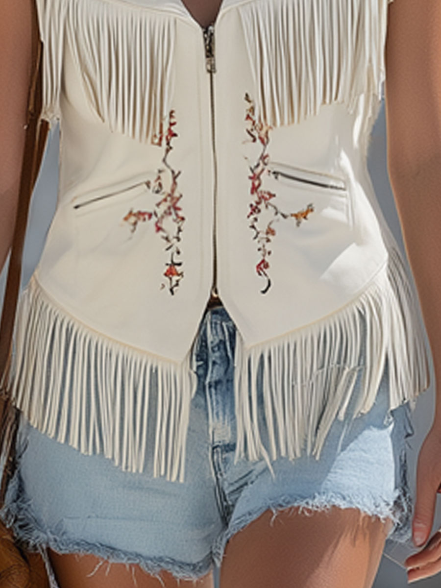 Western Bohemian Embroidered Tassel White Faux Suede Vest