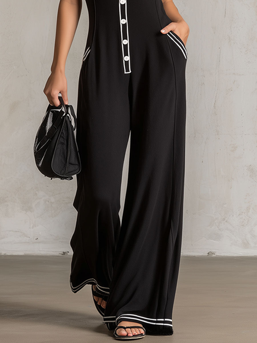 Color-blocked V-neck Button-down Double-pocket Sleeveless Jumpsuit