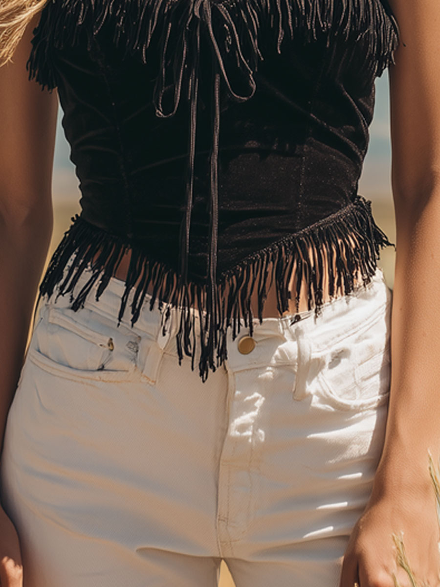 Western Bohemian Retro Lace Black Faux Suede Tassel Top