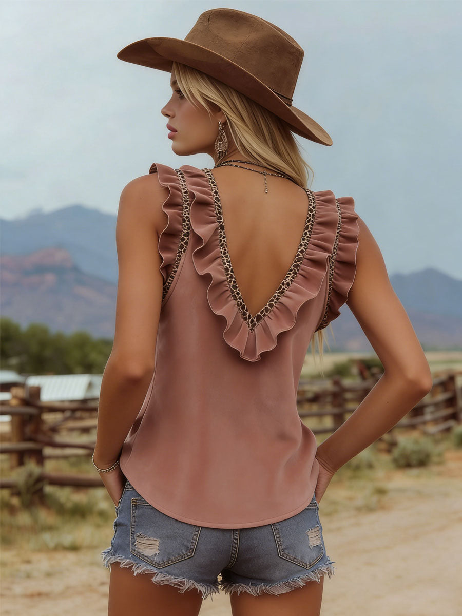 Retro V-neck Ruffled Faux Suede Tank Top
