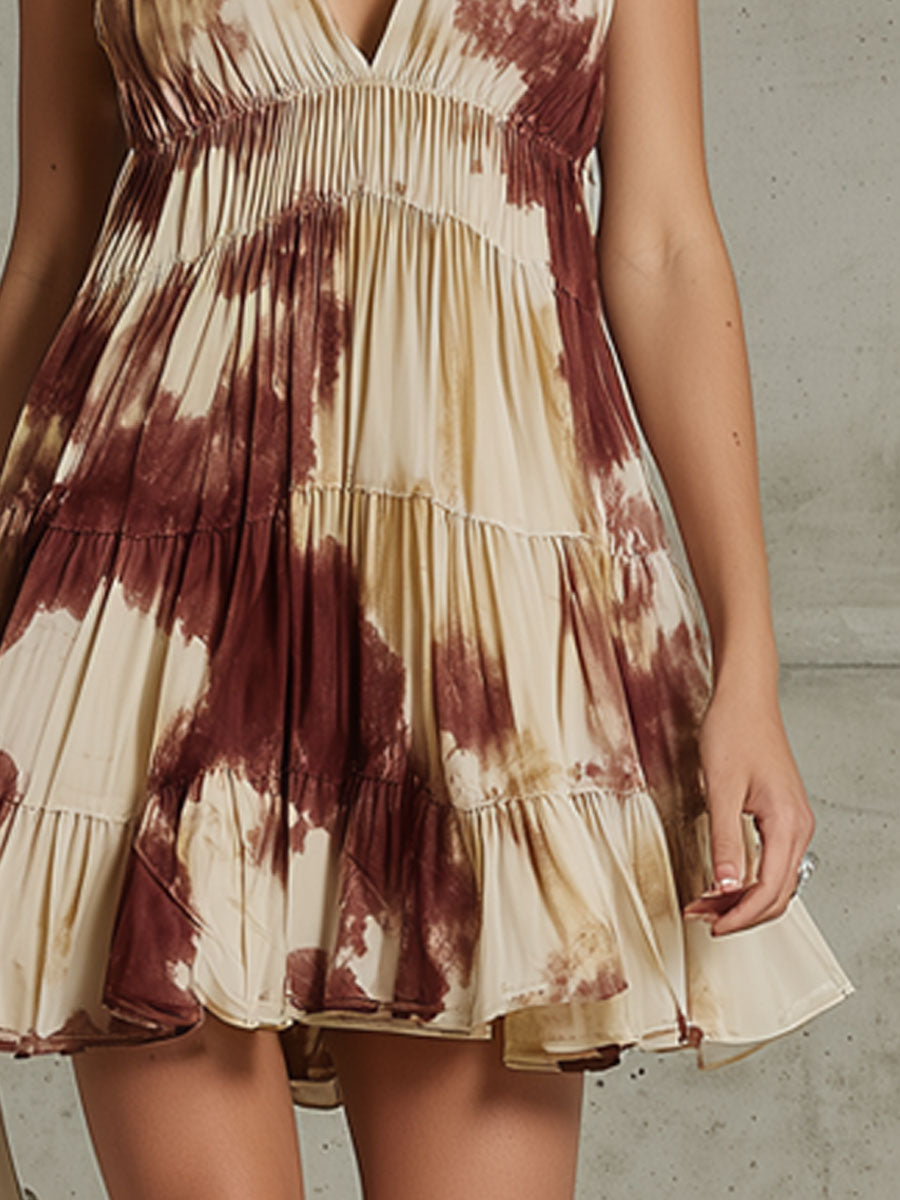 Fashionable Vacation Retro Burgundy Gradient Chiffon Pleated Mini Dress