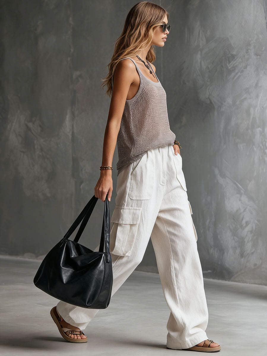 Vacation Retro Gray Mesh Knit Vest And White Cotton Linen Work Pants Set