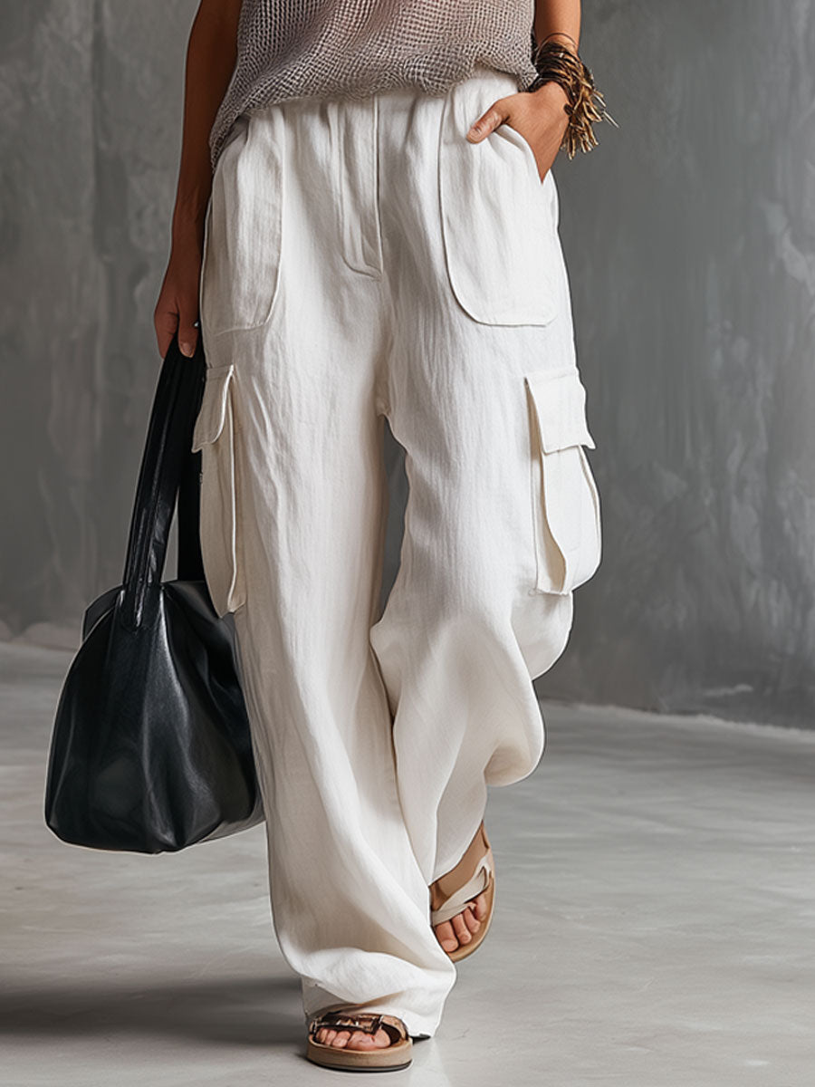 Vacation Retro Gray Mesh Knit Vest And White Cotton Linen Work Pants Set