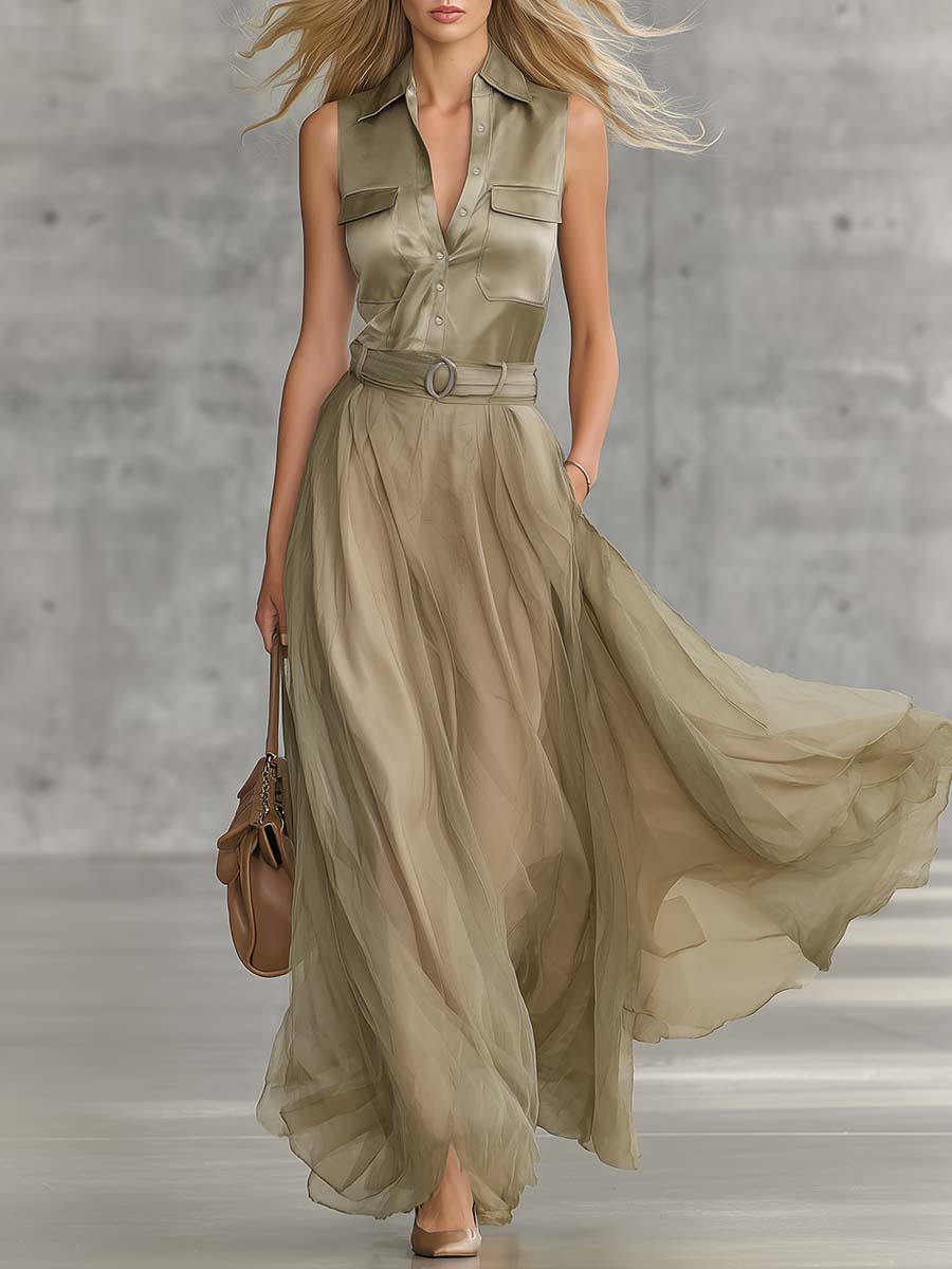 Elegant Flowy Fashion V-Neck Front-Button Dusty Khaki Satin And Organza Patchwork Maxi Dress