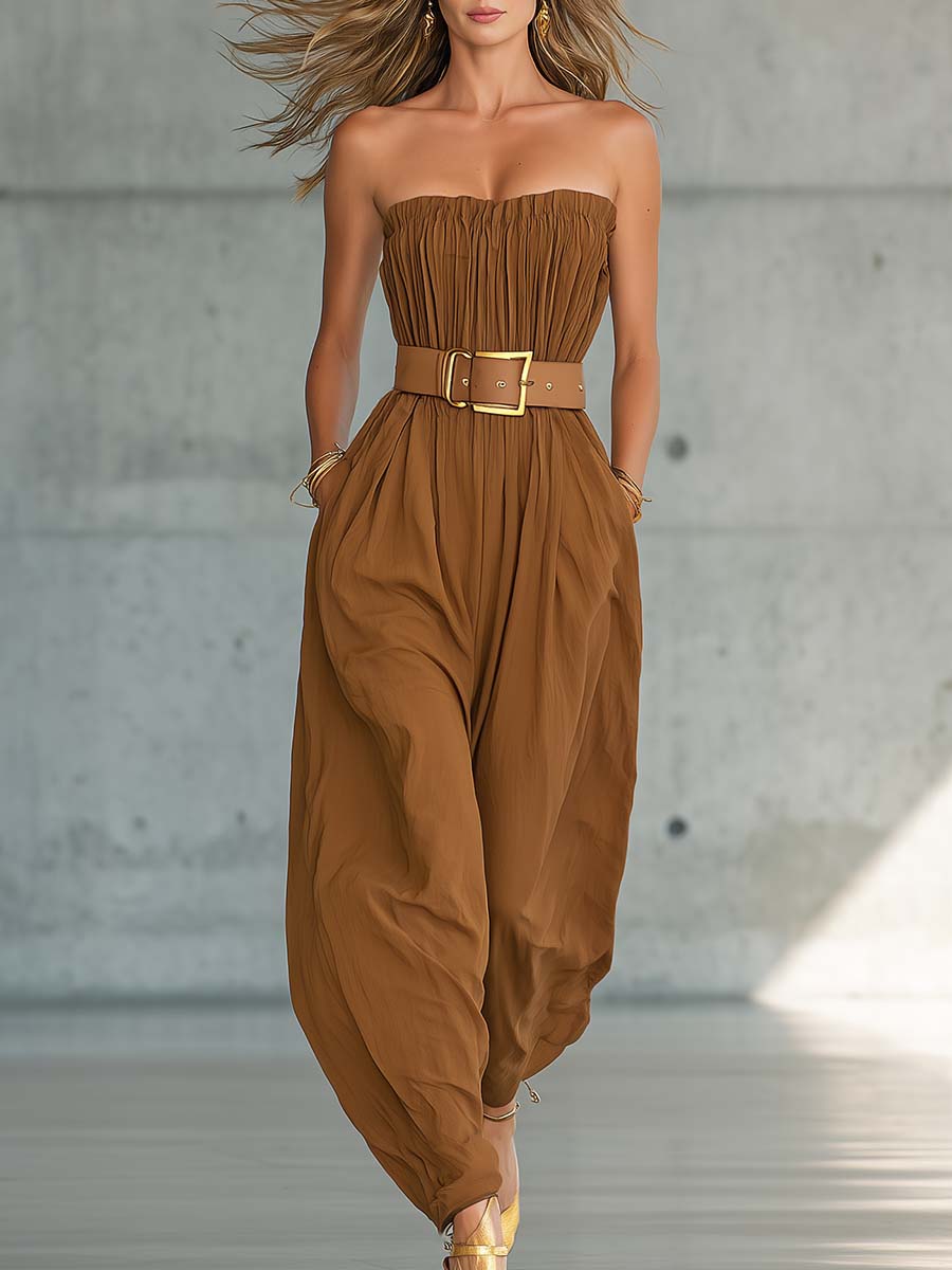 Casual Vacation Western Light Brown Cotton Strapless Jumpsuit