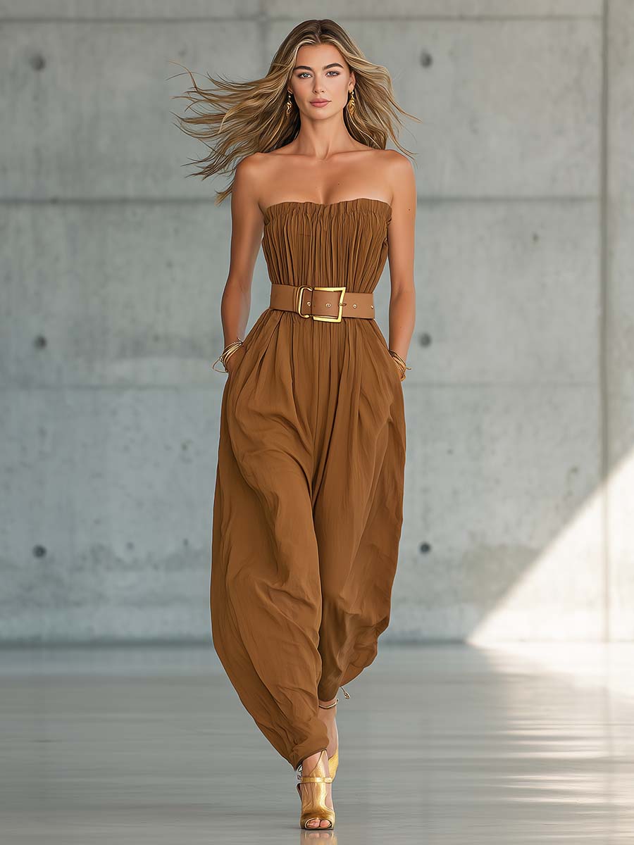 Casual Vacation Western Light Brown Cotton Strapless Jumpsuit