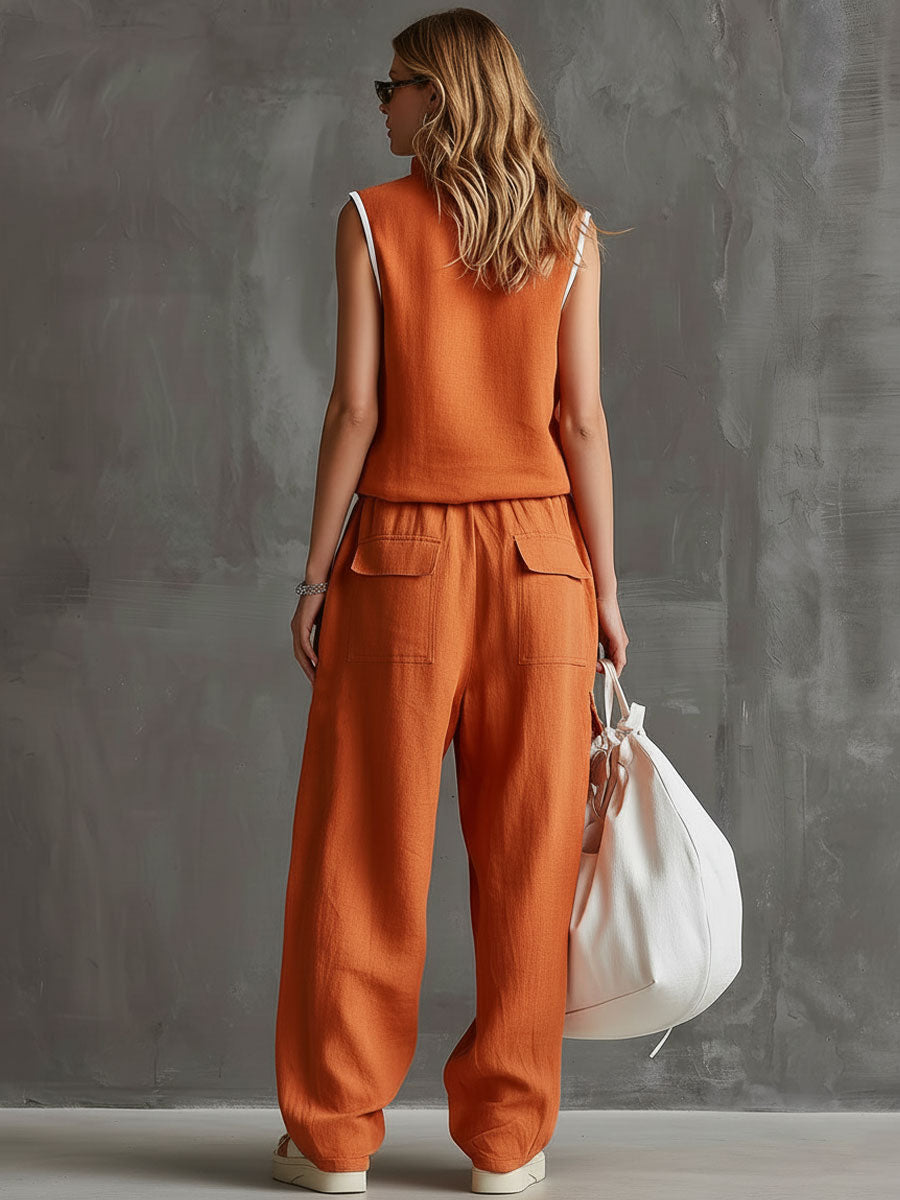 Casual Retro Orange Cotton Linen Half-Zip Sleeveless Top And Cargo Pants Set