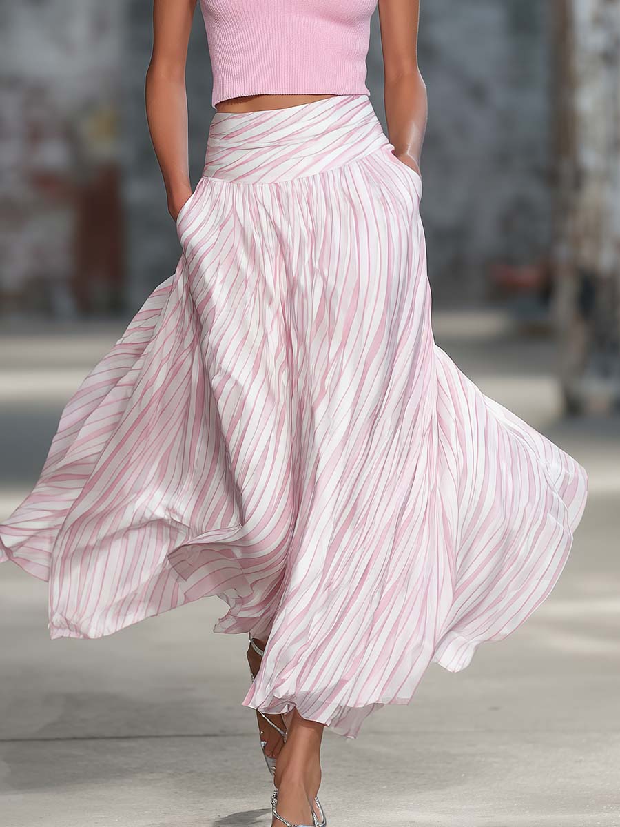 Elegant Retro Flowy Pink Knit Top And Striped Chiffon Skirt Set