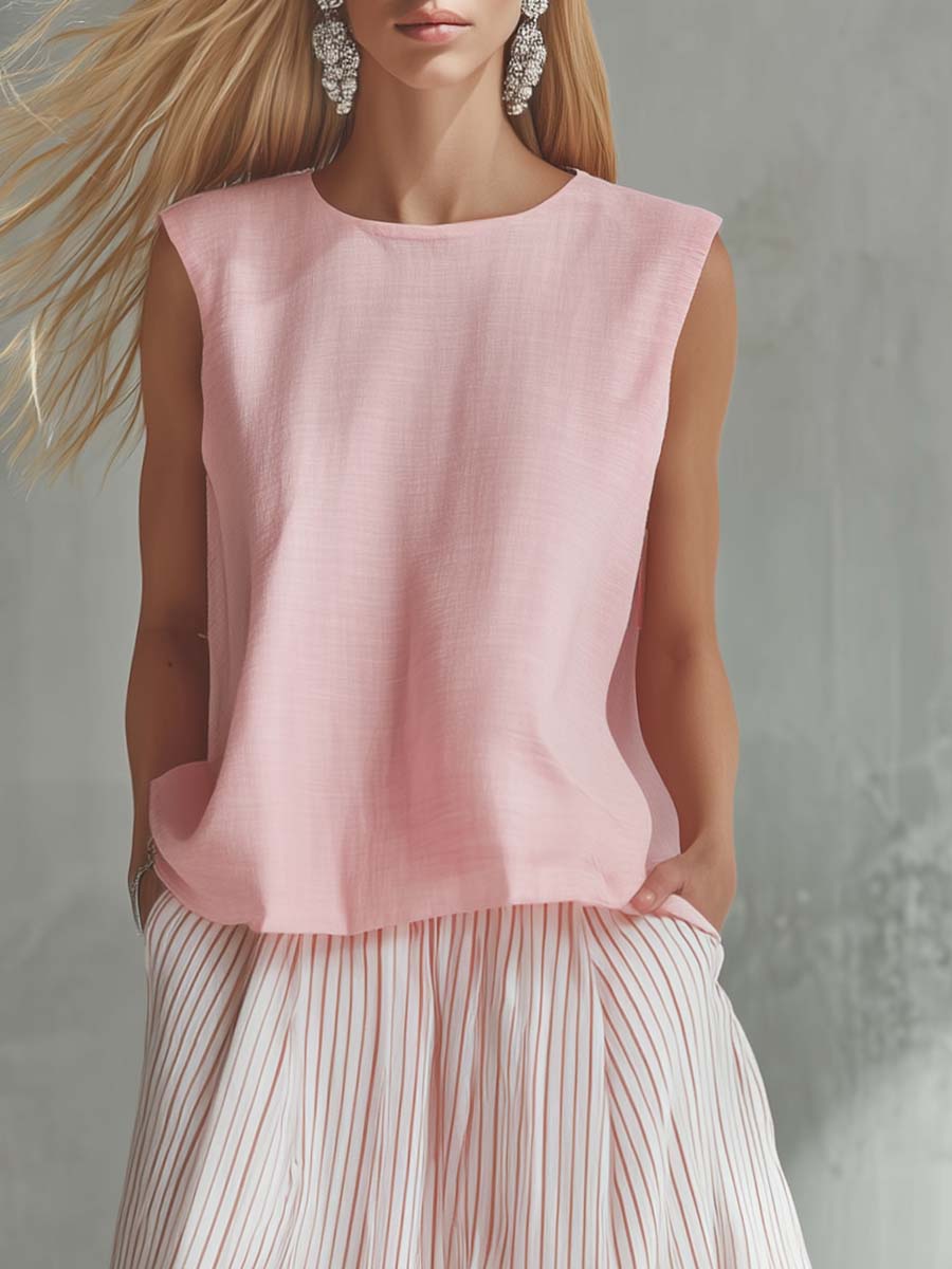 Casual Vacation Light Pink Cotton-Linen Crew-Neck Top And Striped Chiffon Maxi Skirt Set