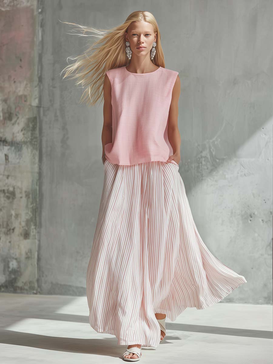 Casual Vacation Light Pink Cotton-Linen Crew-Neck Top And Striped Chiffon Maxi Skirt Set