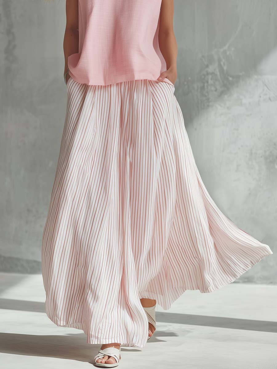 Casual Vacation Light Pink Cotton-Linen Crew-Neck Top And Striped Chiffon Maxi Skirt Set