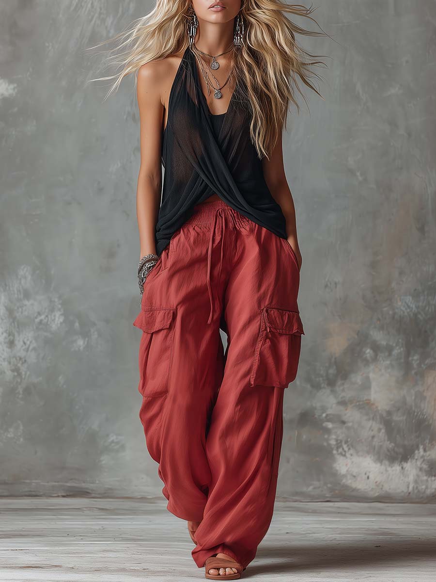 Retro Casual Workwear Style Black V-Neck Mesh Top And Red Cotton Pants Set