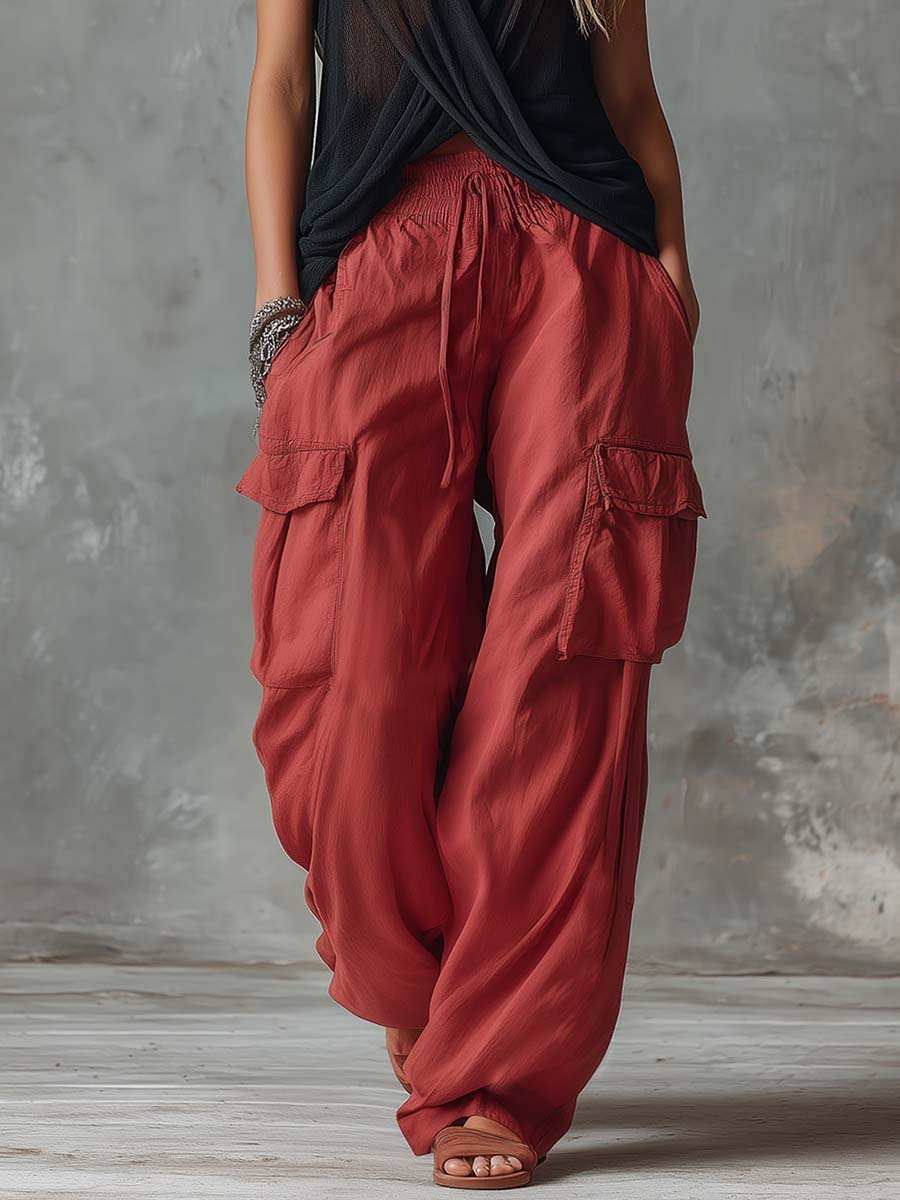 Retro Casual Workwear Style Black V-Neck Mesh Top And Red Cotton Pants Set