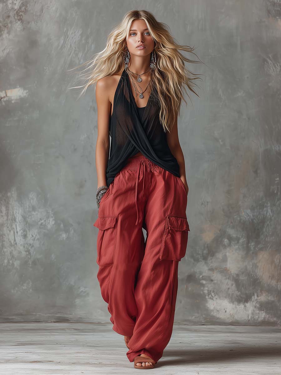 Retro Casual Workwear Style Black V-Neck Mesh Top And Red Cotton Pants Set