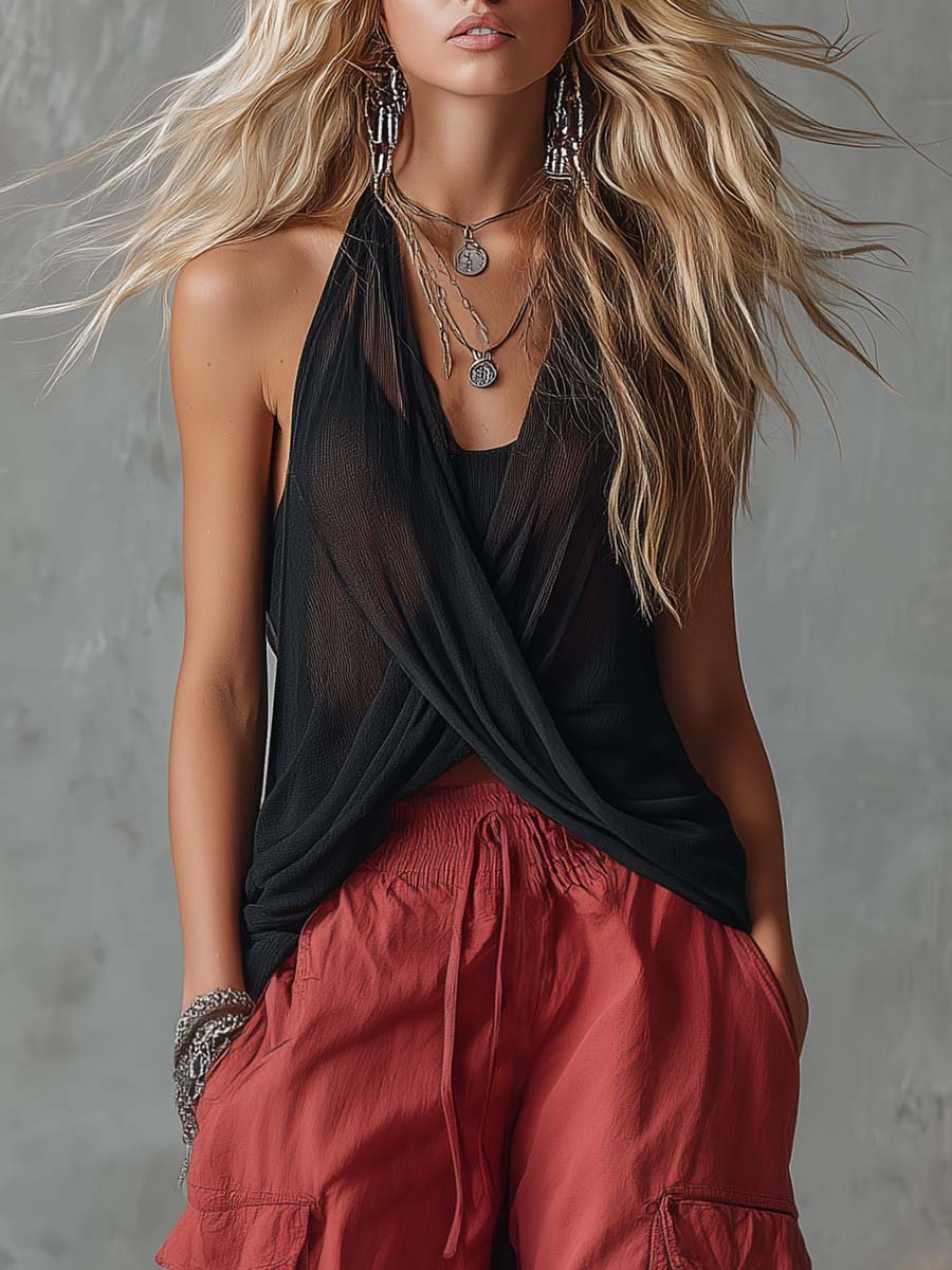 Retro Casual Workwear Style Black V-Neck Mesh Top And Red Cotton Pants Set