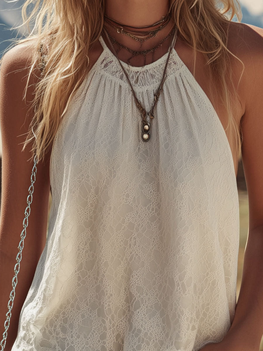 Retro Lace Halter Neck Sleeveless Tank Top