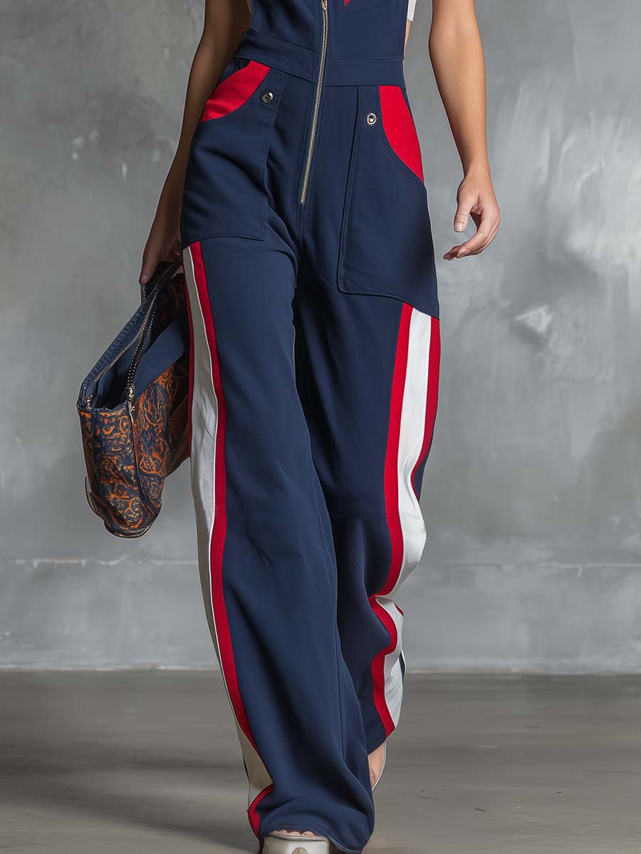 Retro Fahsion Sports Front Zipper Contrast Dark Blue Cotton Overalls Jumpsuit