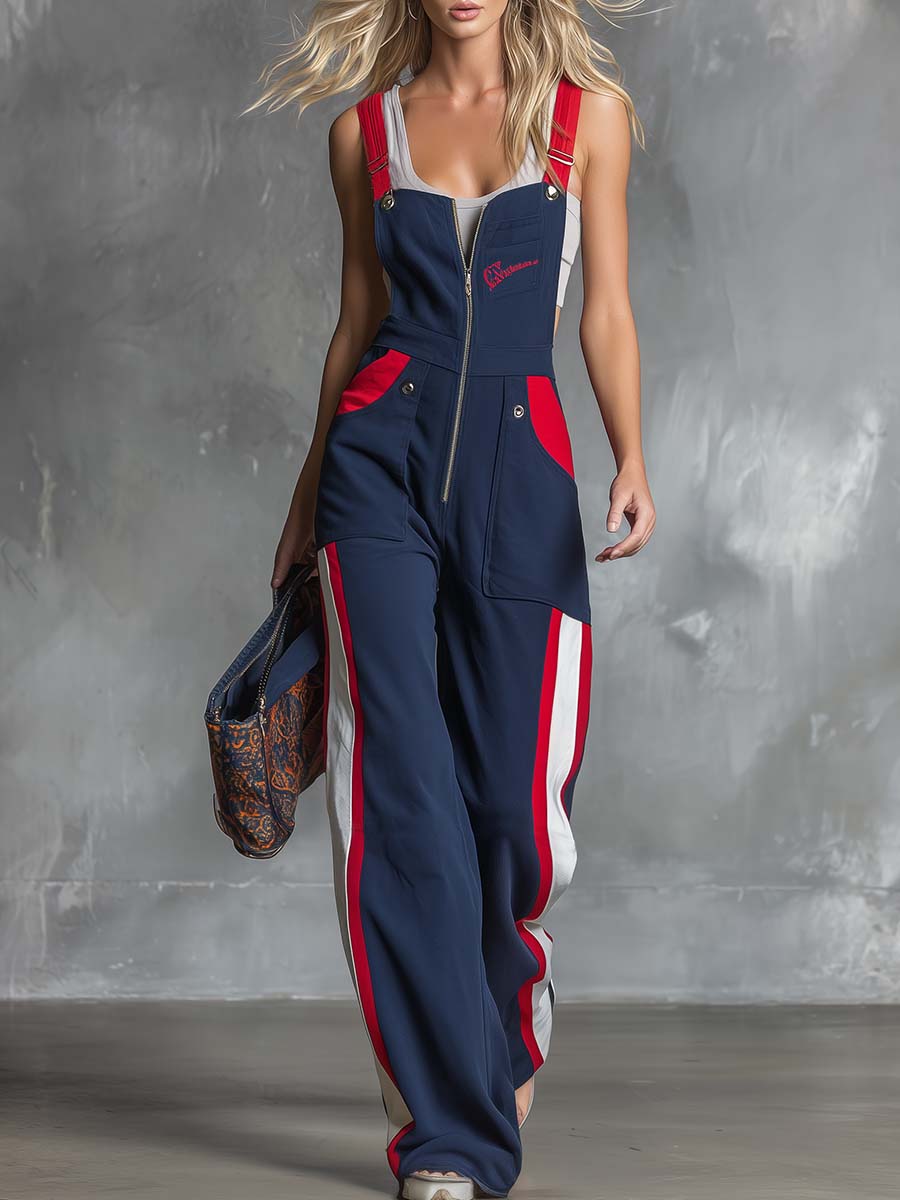 Retro Fahsion Sports Front Zipper Contrast Dark Blue Cotton Overalls Jumpsuit