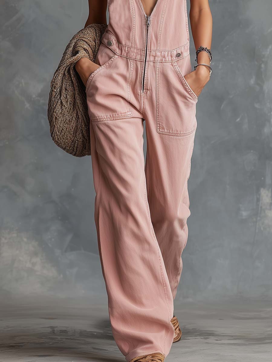 Retro Casual Western V-Neck Front-Zip Light Pink Denim Overalls Jumpsuit