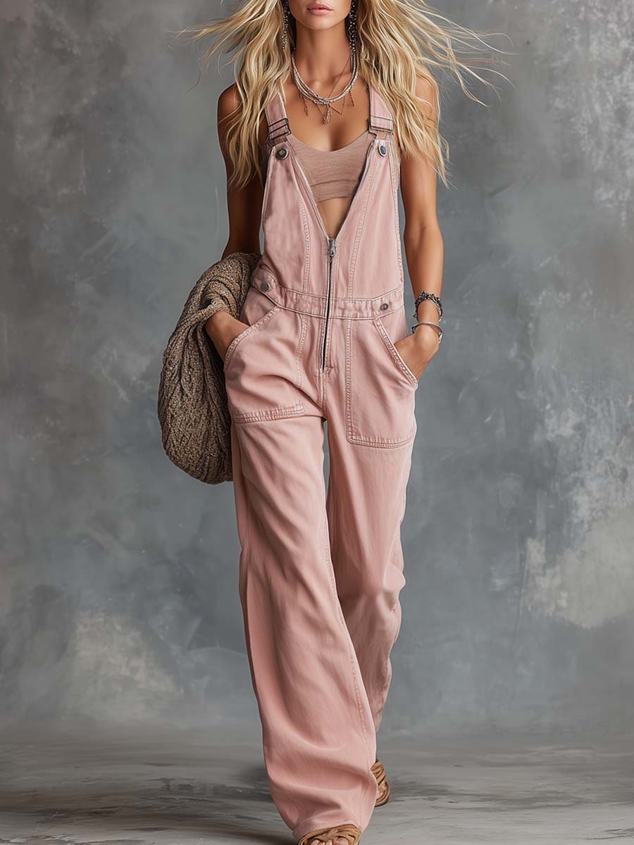 Retro Casual Western V-Neck Front-Zip Light Pink Denim Overalls Jumpsuit