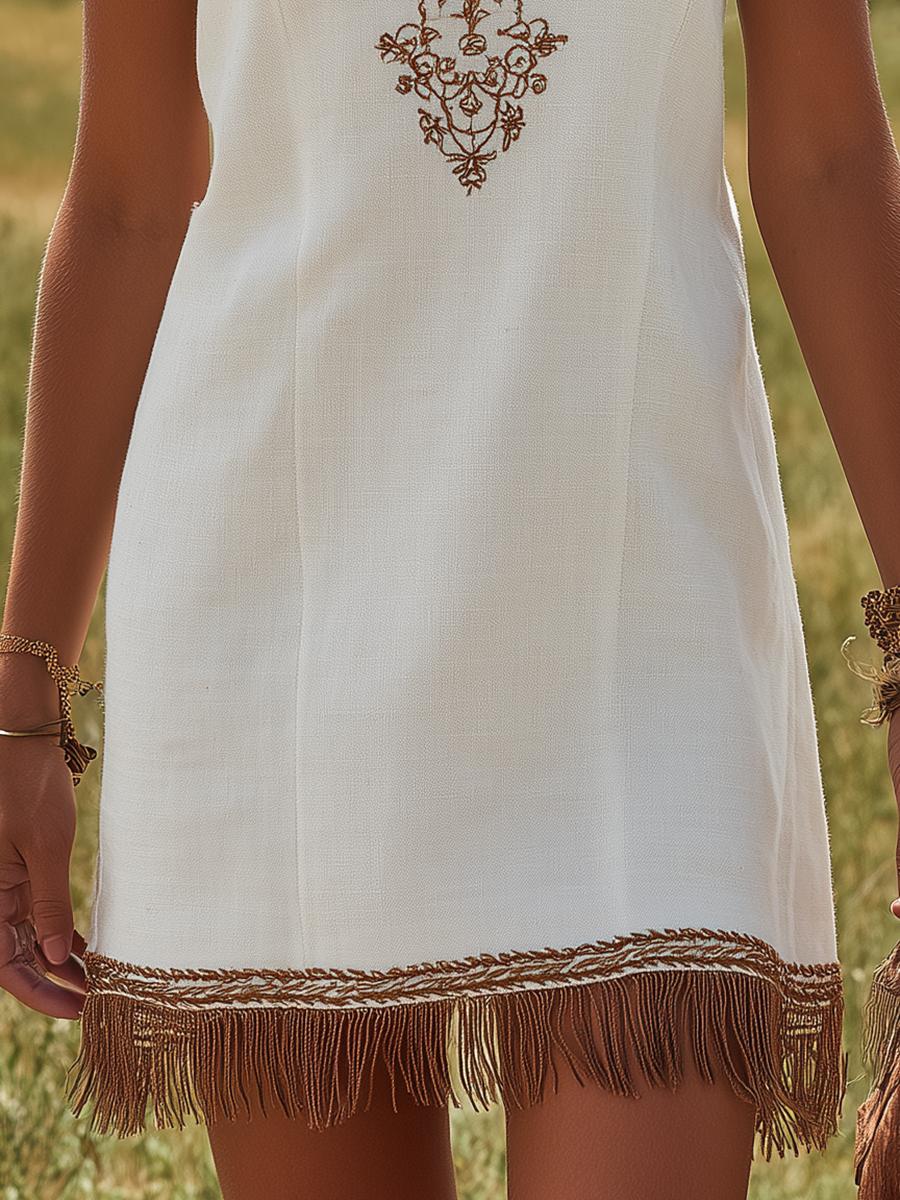 Bohemian Western-Style V-Neck Embroidered Fringe Sleeveless Mini Dress