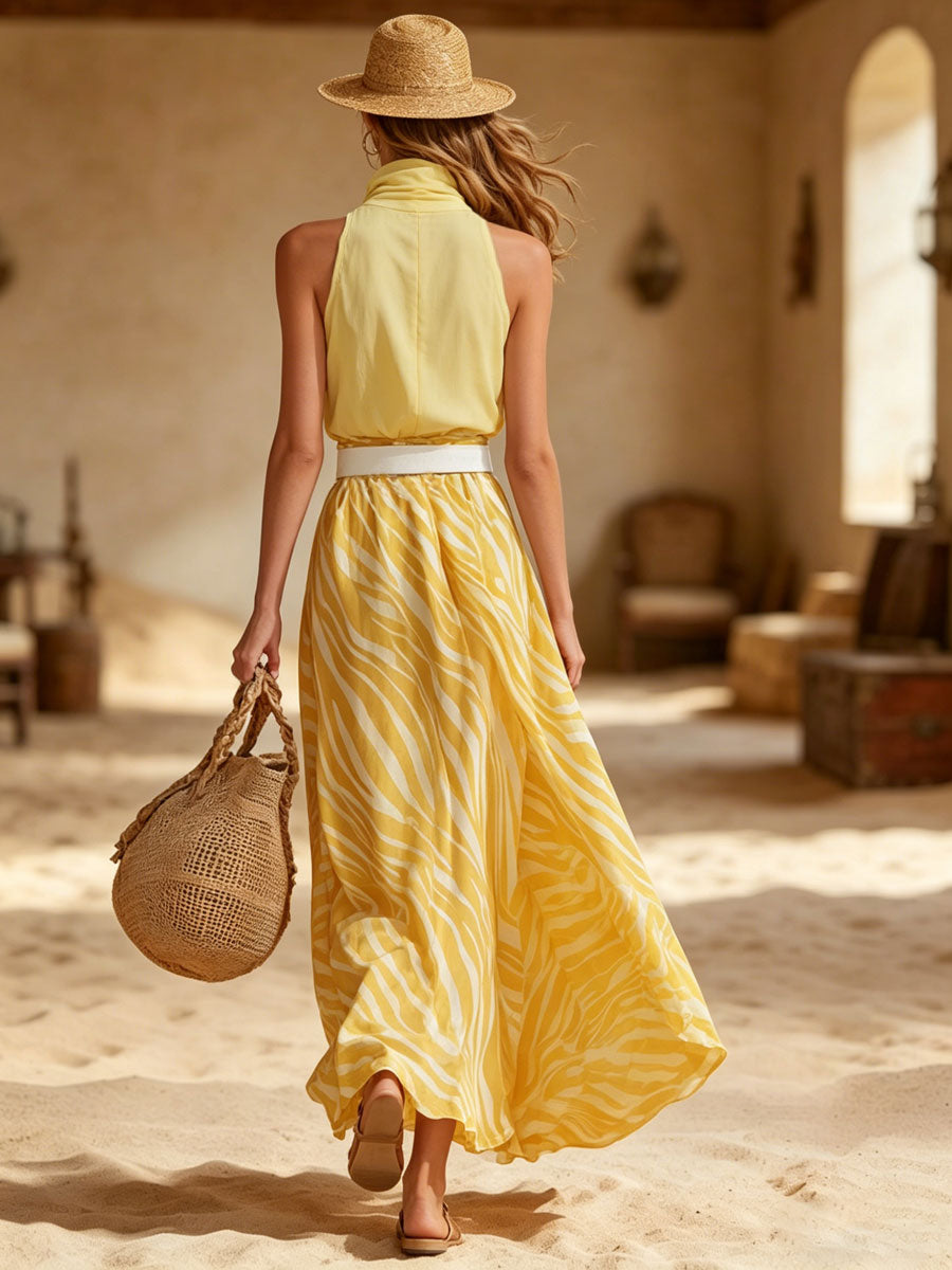 Elegant Retro Yellow Chiffon Top And Zebra Print Skirt Set