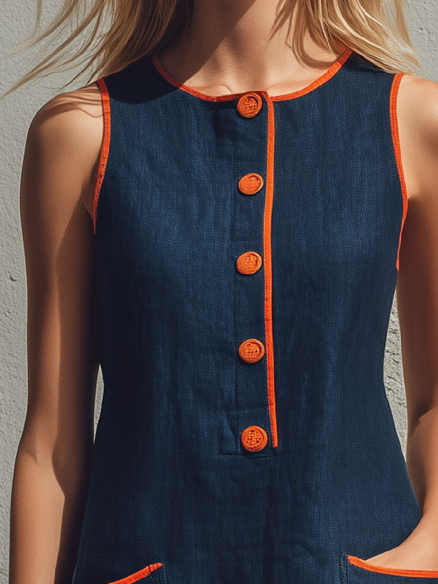 Casual Retro Color-blocked Trim Blue Sleeveless Round Neck Cotton Linen Mini Dress