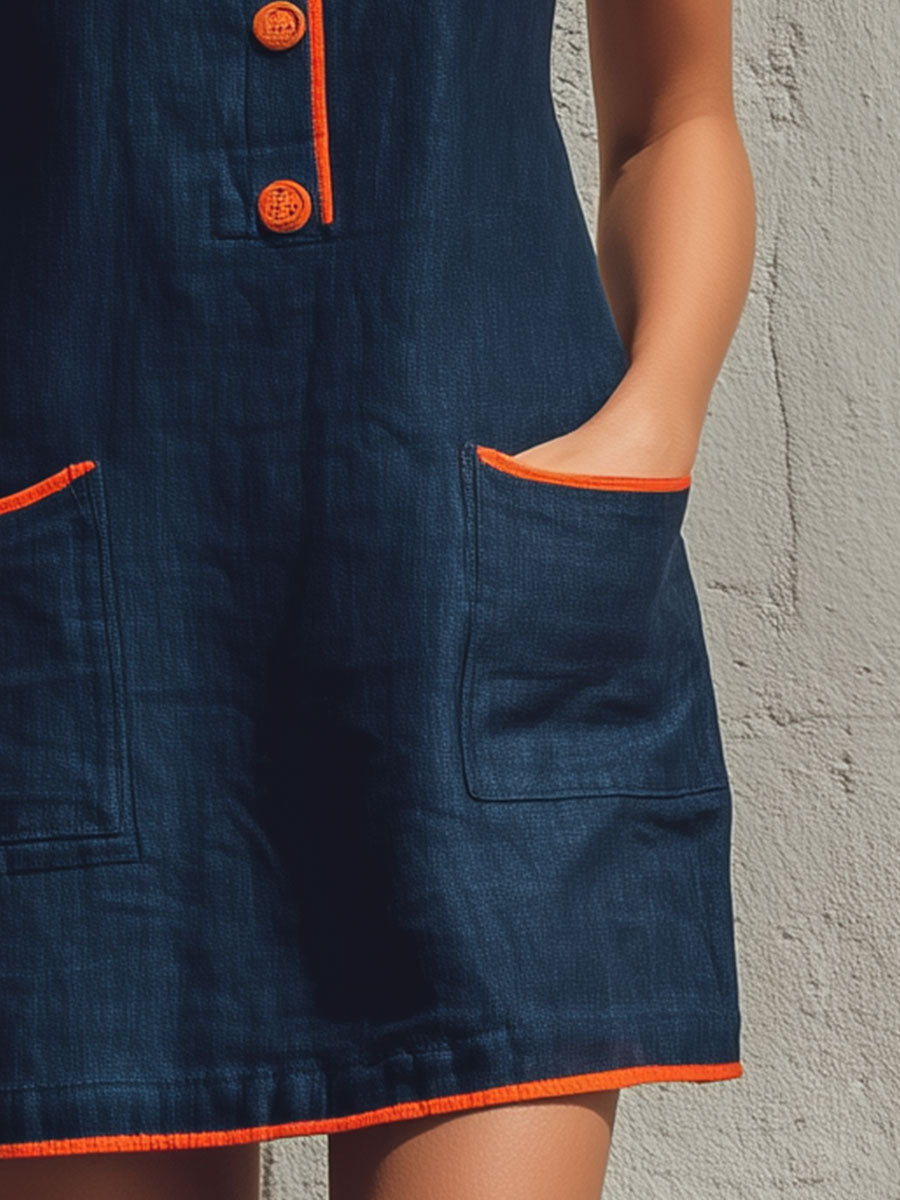 Casual Retro Color-blocked Trim Blue Sleeveless Round Neck Cotton Linen Mini Dress