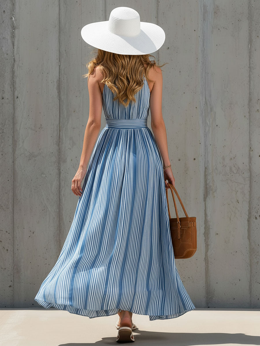 Fashionable Retro Blue And White Striped Chiffon Sleeveless Hollowed-out Maxi Dress