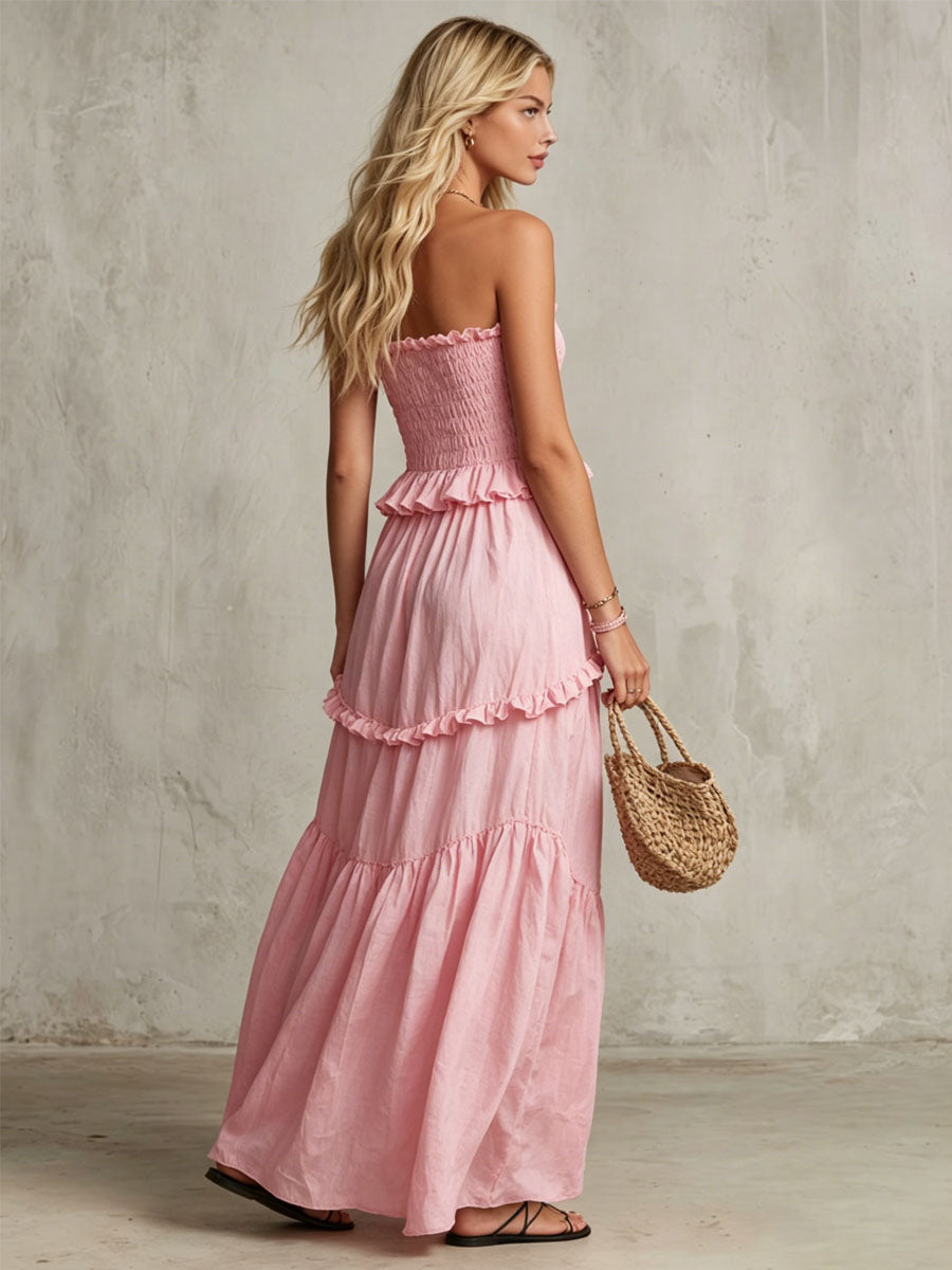 Pink Cotton Linen Sleeveless Ruffled Maxi Dress