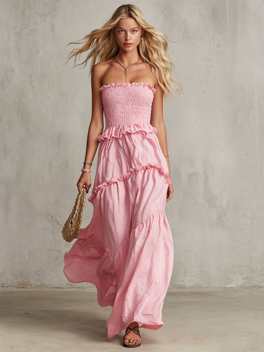 Pink Cotton Linen Sleeveless Ruffled Maxi Dress