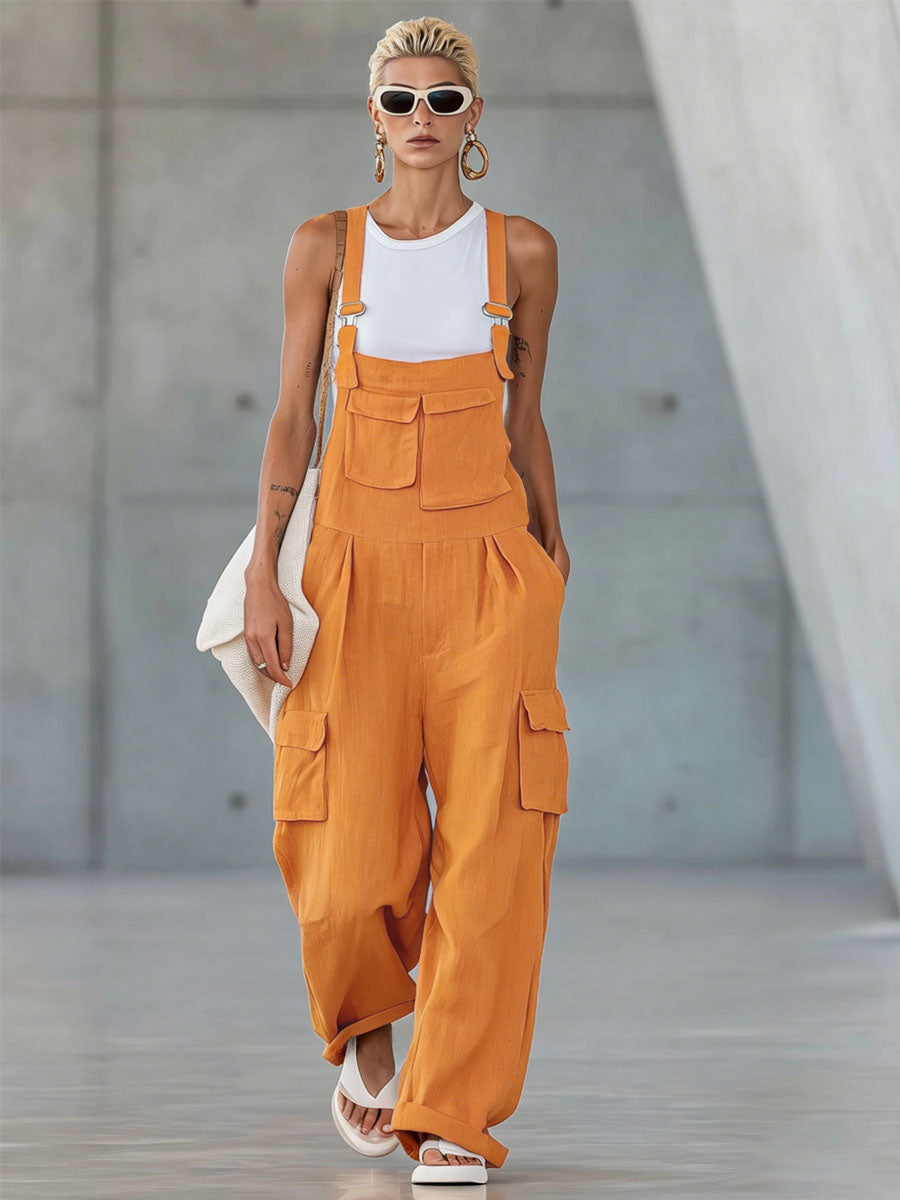 Orange Cotton-linen Multi-pocket Wide-leg Overalls