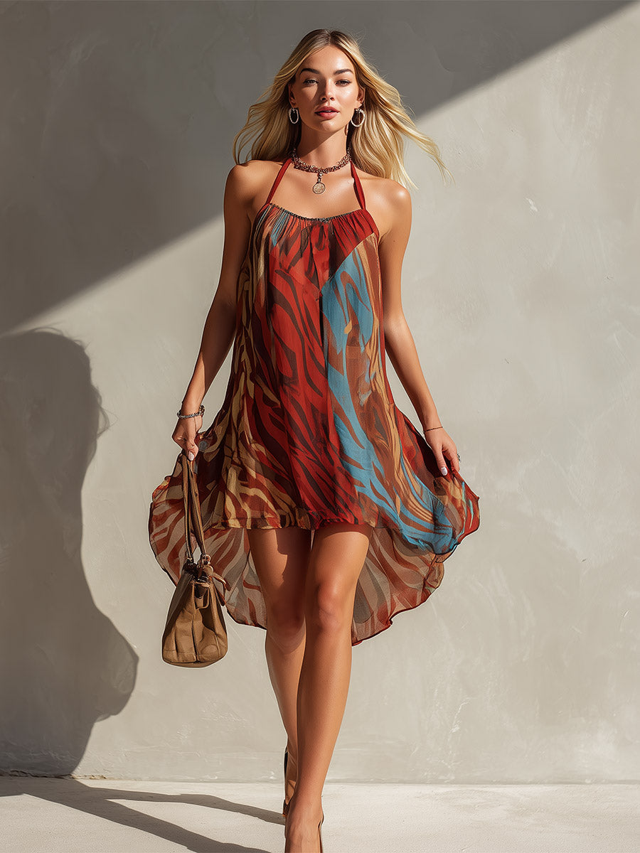 Retro-Sexy Color-Block Red Zebra Print Sleeveless Midi Dress