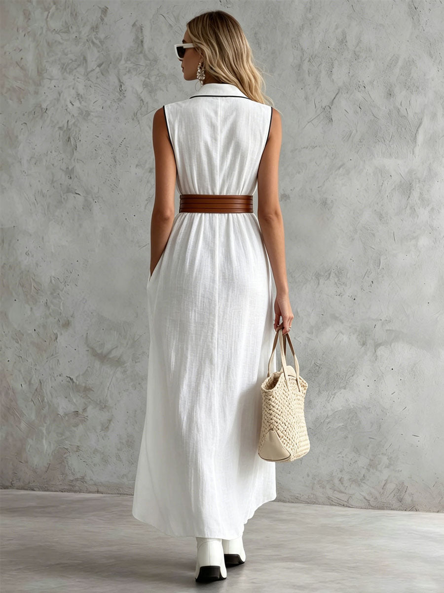 Collared Color-blocked Sleeveless Cotton-linen Maxi Dress