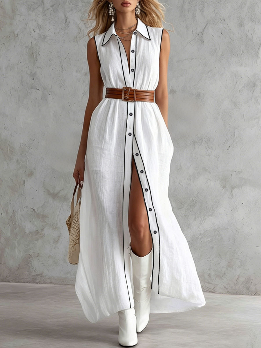 Collared Color-blocked Sleeveless Cotton-linen Maxi Dress