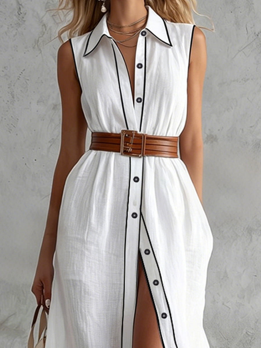 Collared Color-blocked Sleeveless Cotton-linen Maxi Dress