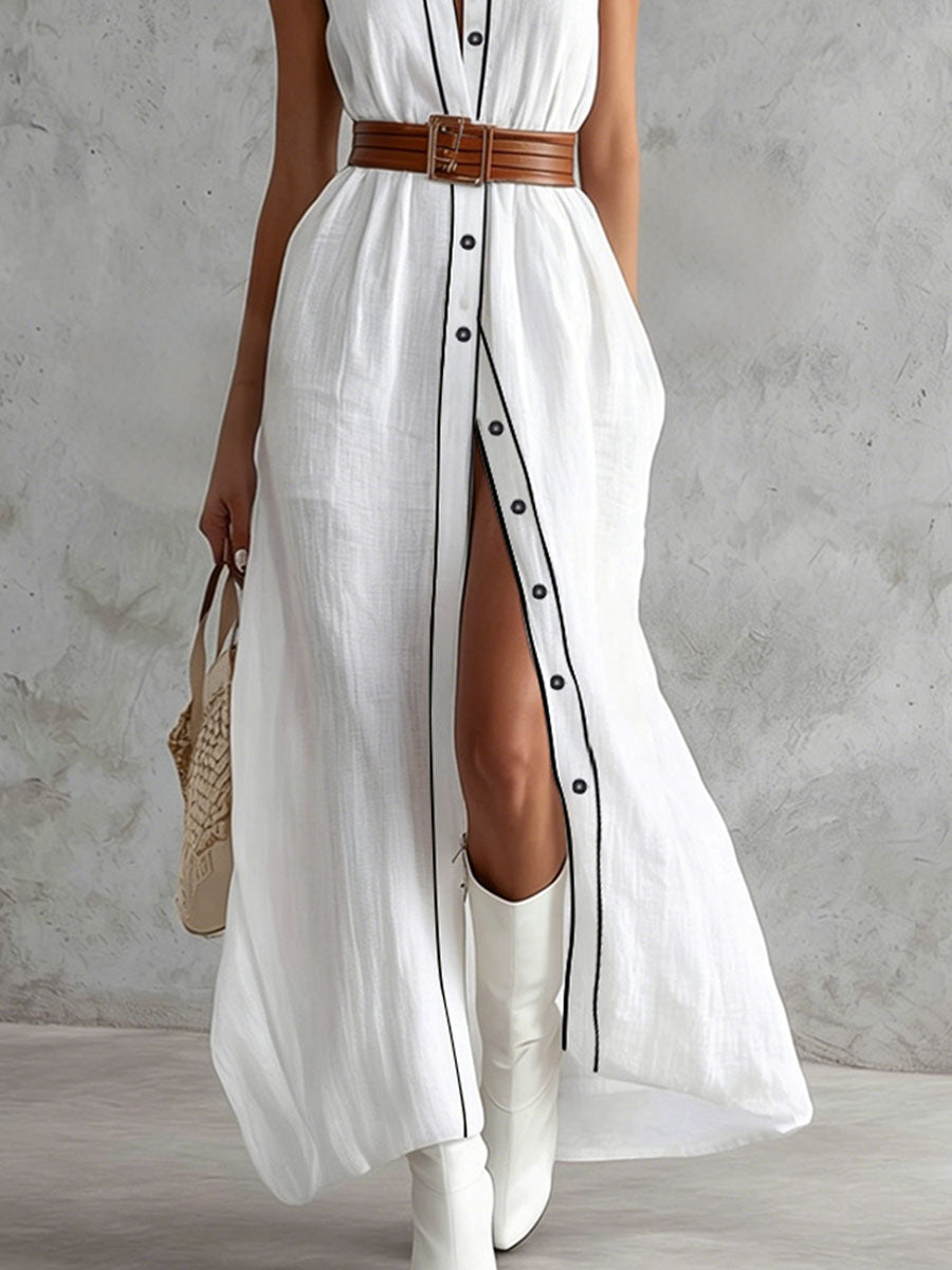 Collared Color-blocked Sleeveless Cotton-linen Maxi Dress